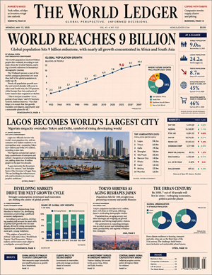The World Ledger newspaper front page about global population growth and Lagos becoming the world largest city