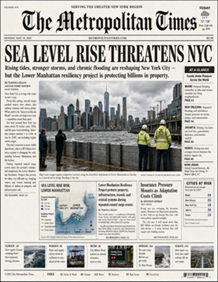 The Metropolitan Times newspaper front page about sea level rise threatening New York City