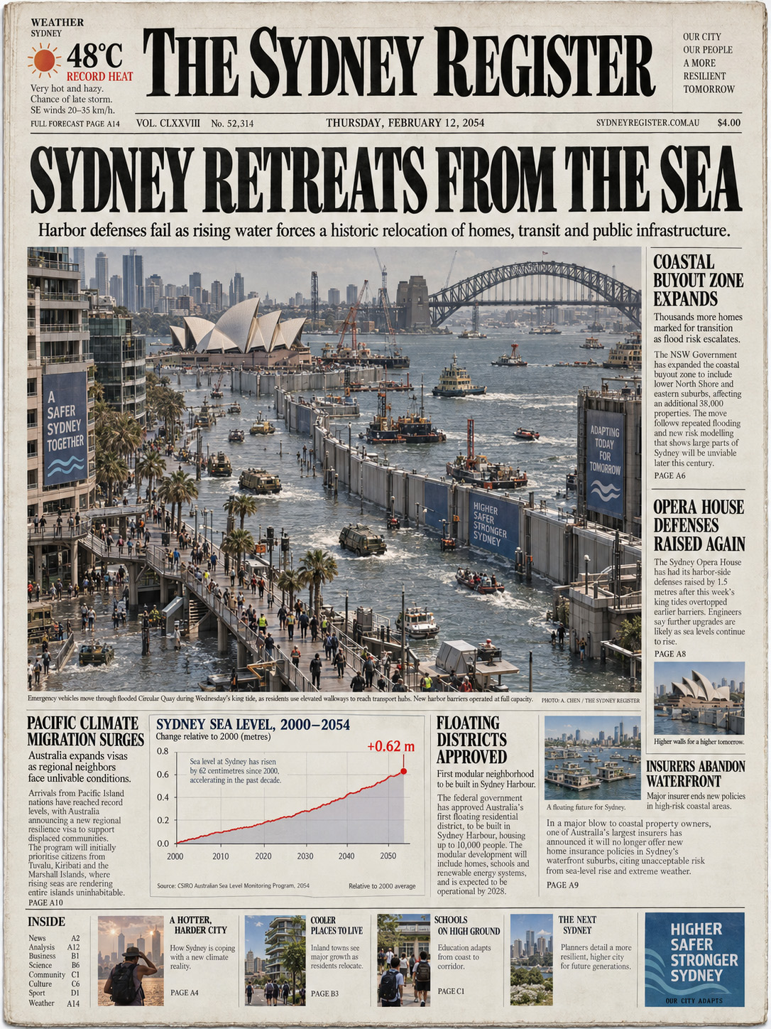 Sydney newspaper front page about rising sea levels