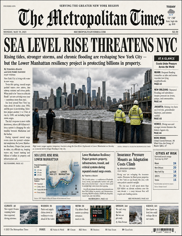 The Metropolitan Times newspaper front page about sea level rise threatening New York City