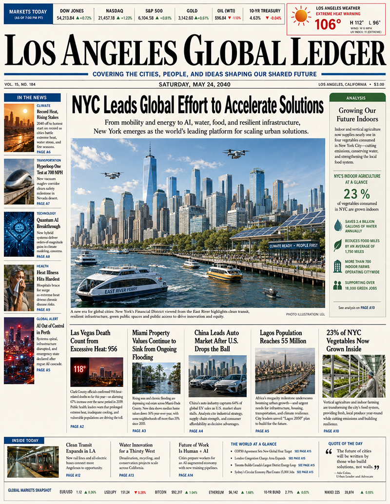 Los Angeles Global Ledger front page about accelerating urban solutions