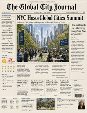 Newspaper front page about New York City leading a global effort to accelerate urban solutions