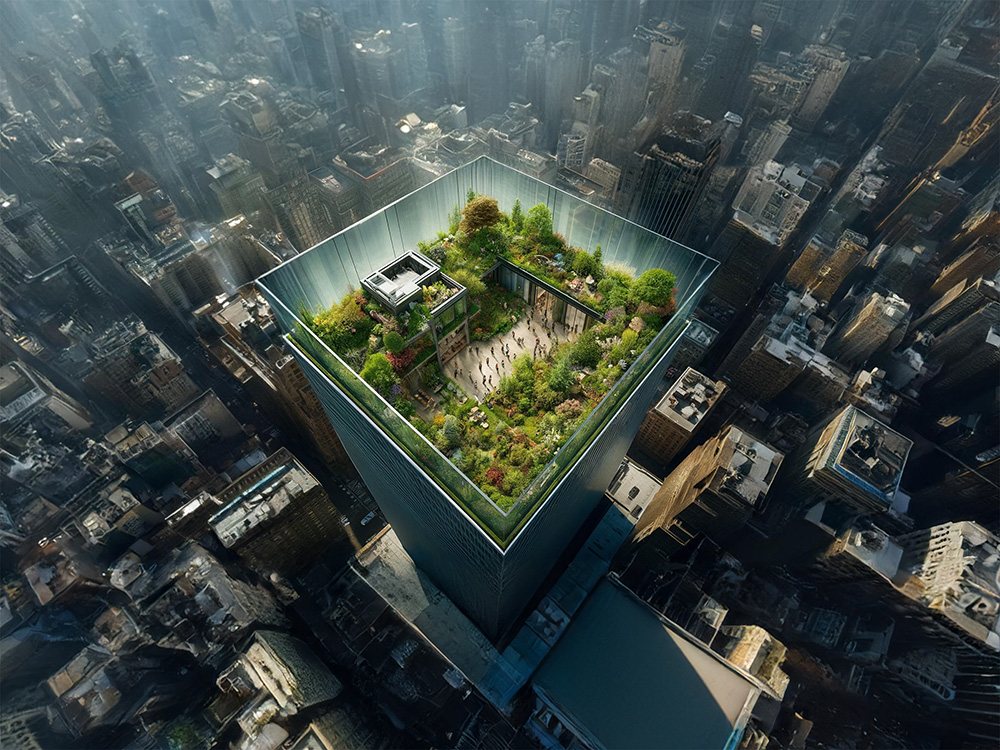 Rooftop demonstration space overlooking the city